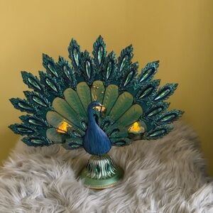 Glass and metal peacock tea light flameless candle holder